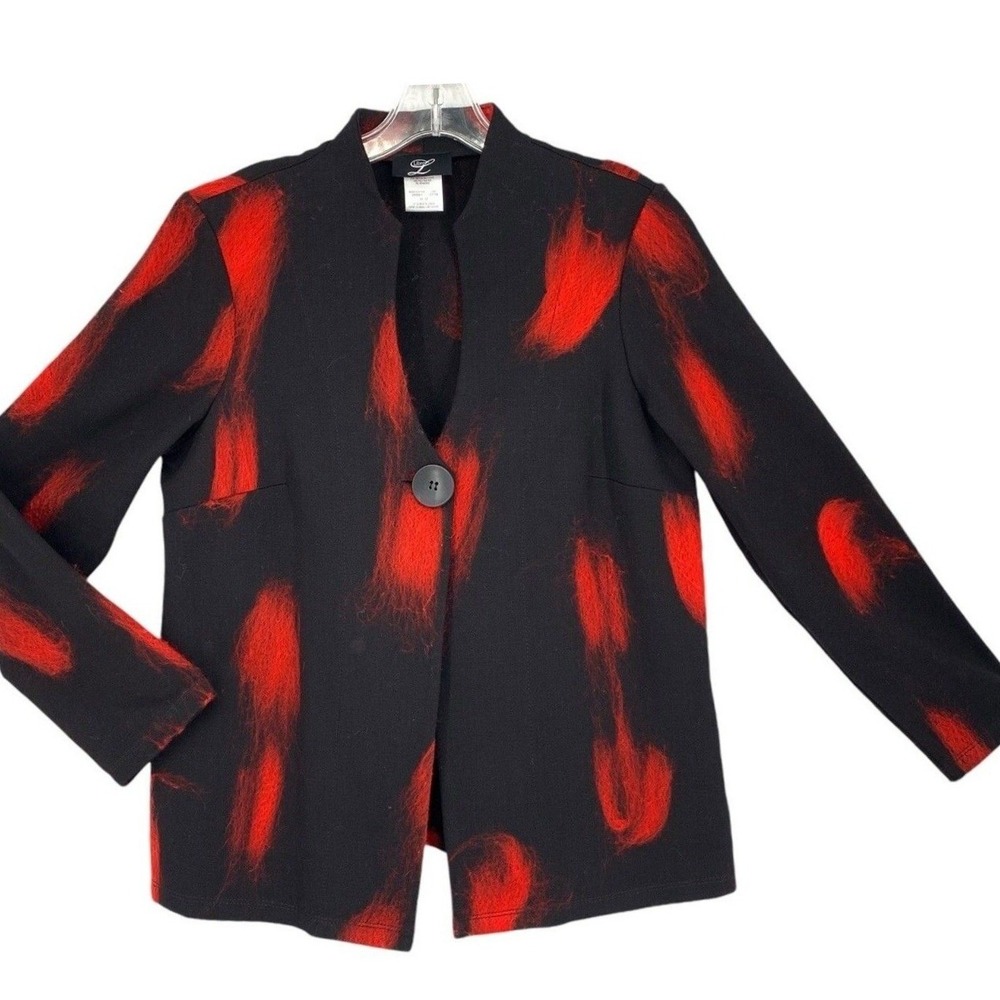 Libra Jacket Women Medium Black Red Abstract Art to Wear Open Front Blazer 26091